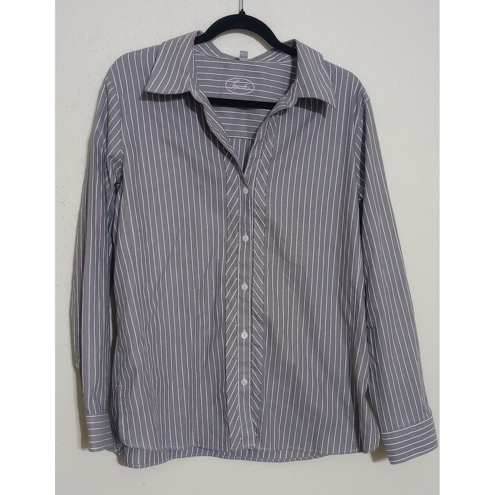 Foxcroft Womens 16W Grey White Striped Wrinkle Free Shaped Fit Button Down Shirt
